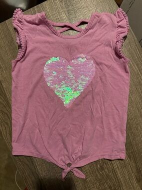 Girls' Pink Sequin Heart Tie-Front Short Sleeve Tee